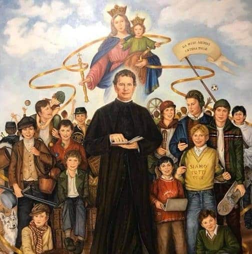 Gemälde des Hl. Don Boscos umringt von einer Kinderschar und der Gottesmutter mit dem Jesuskind.